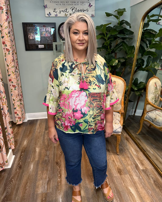 Green Floral &Tassel Front Top