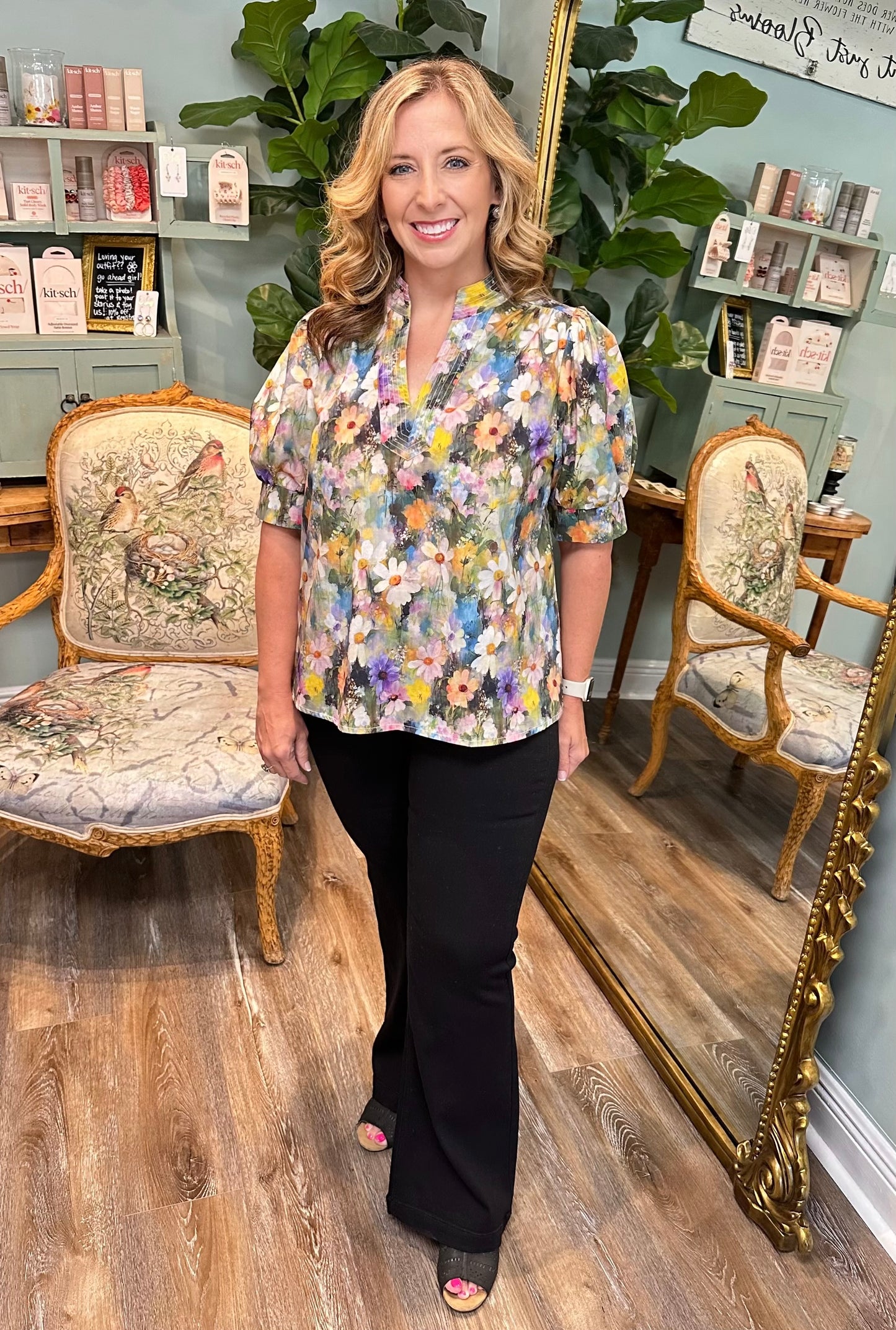 V-Neck Olive Floral Blouse