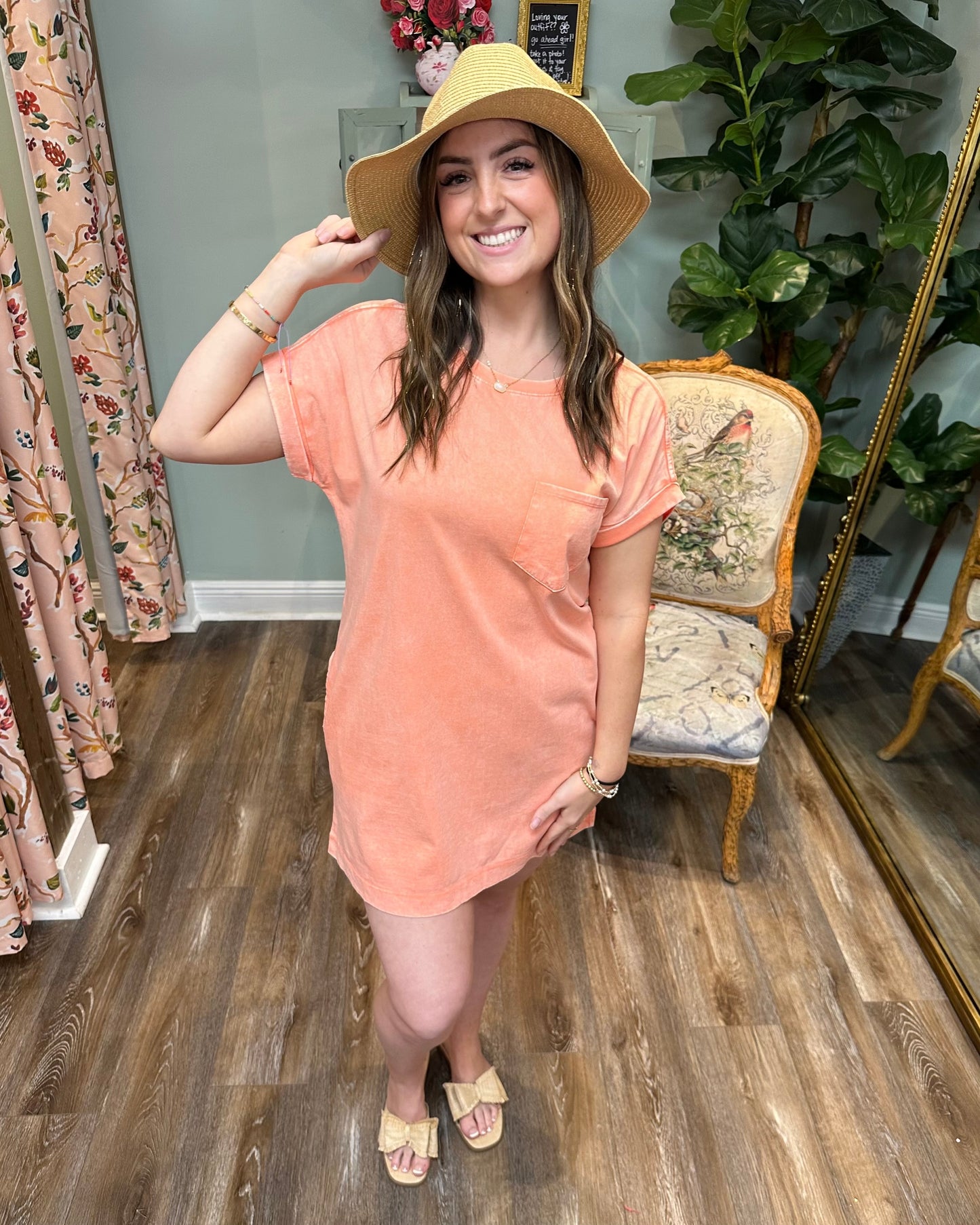 Short Coral T-shirt Dress with Pockets