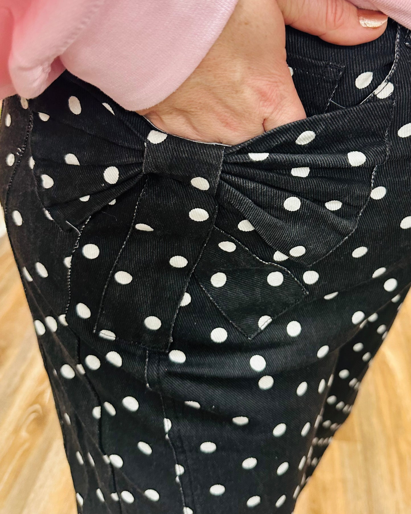 Relaxed Fit Black Polka Dot Pants with Bow