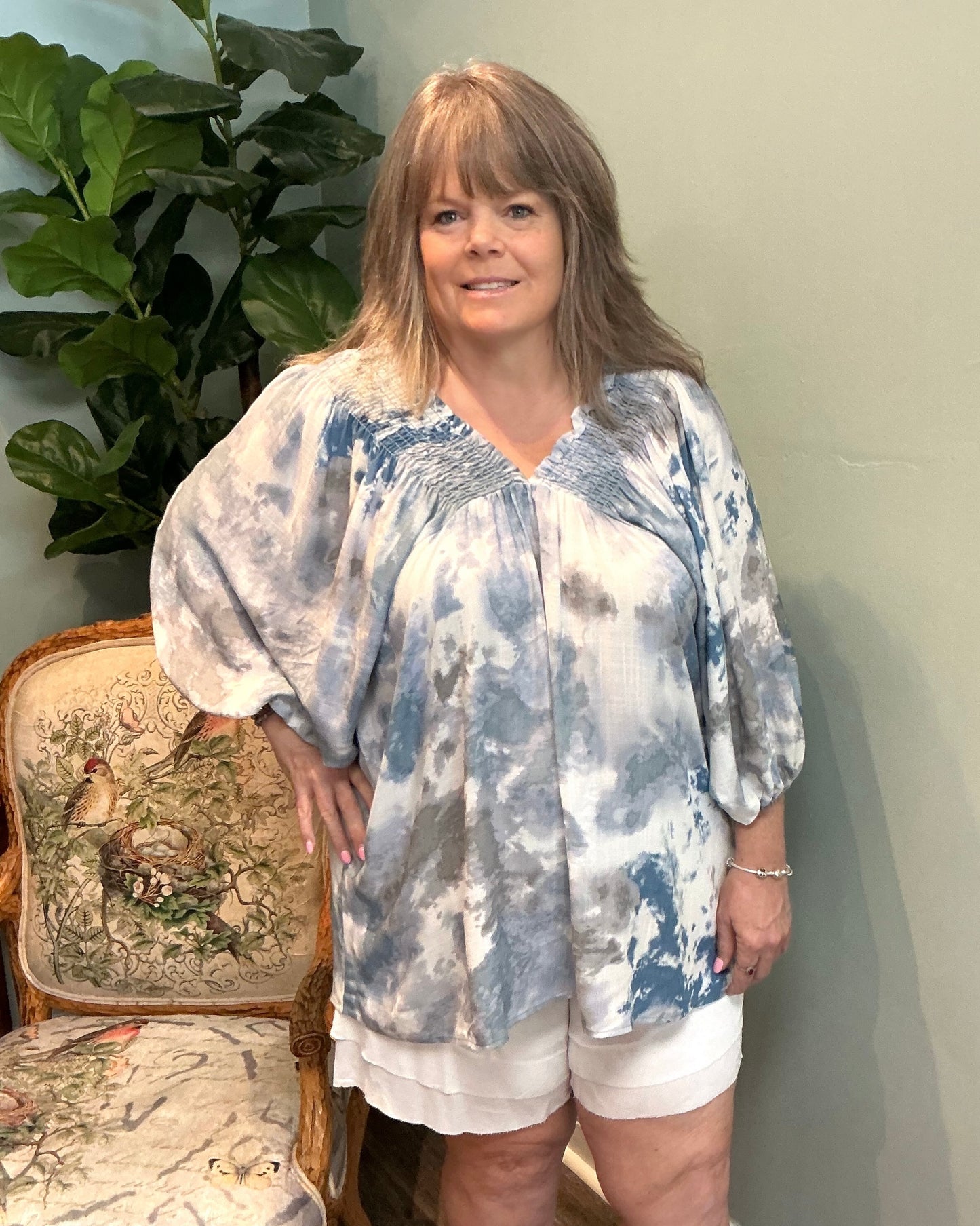 Blue Tie Dye Smocked V-neck