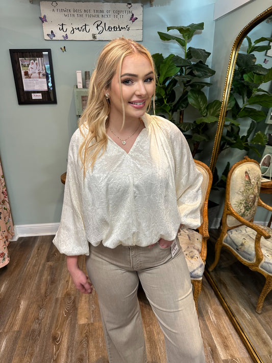 Cream Elastic Waist Bubble Top