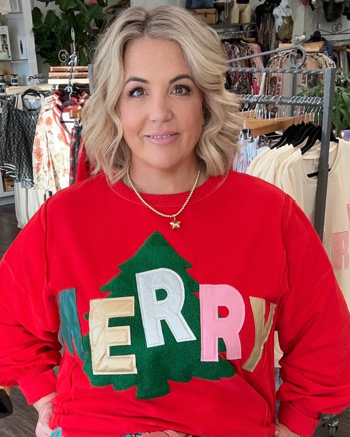 Metallic Faux Leather "MERRY" Sweatshirt