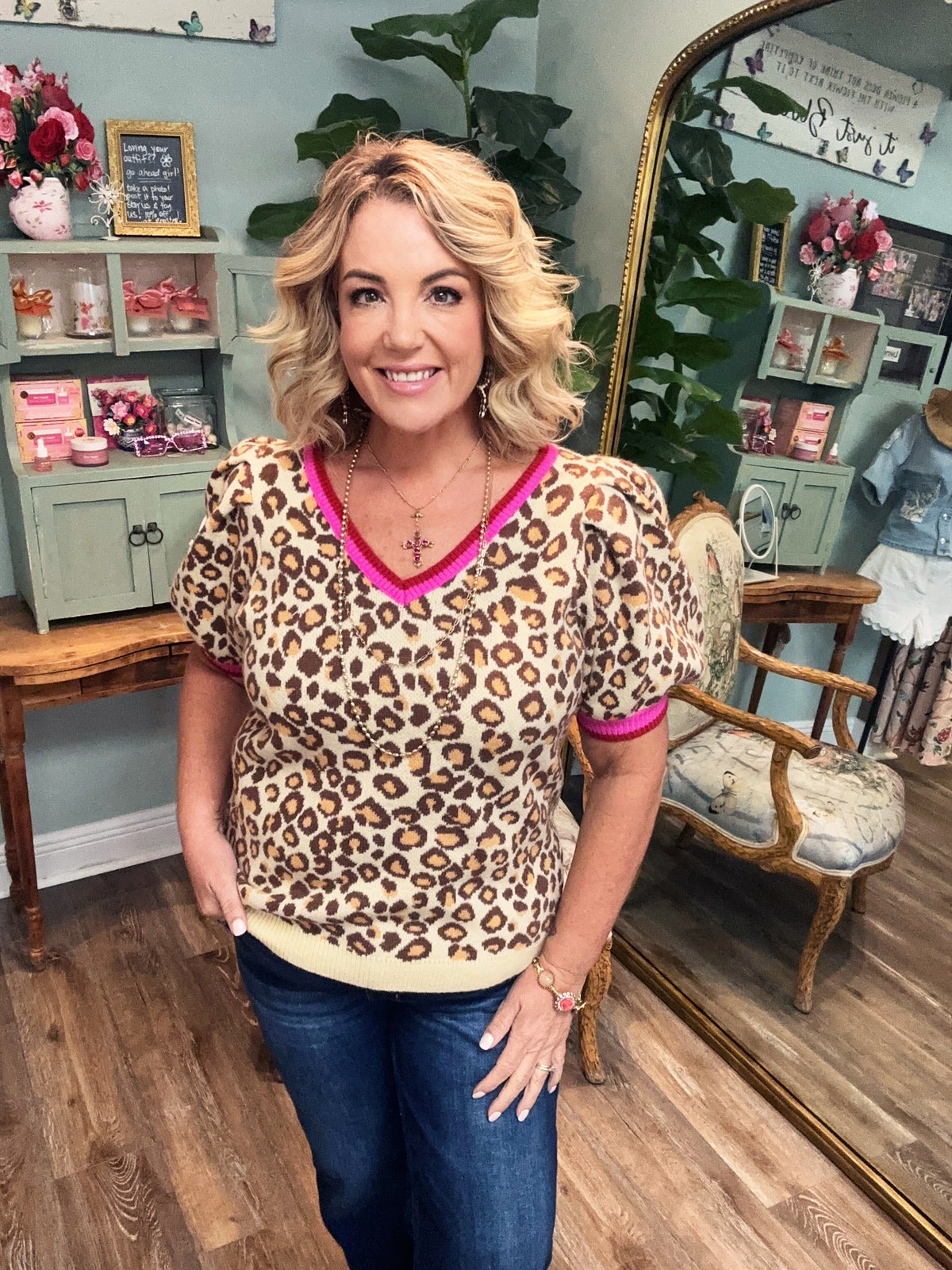 Leopard Puff Sleeve V-Neck Sweater