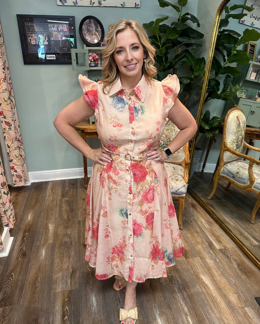 Lt Pink Ruffle Sleeve Floral Dress
