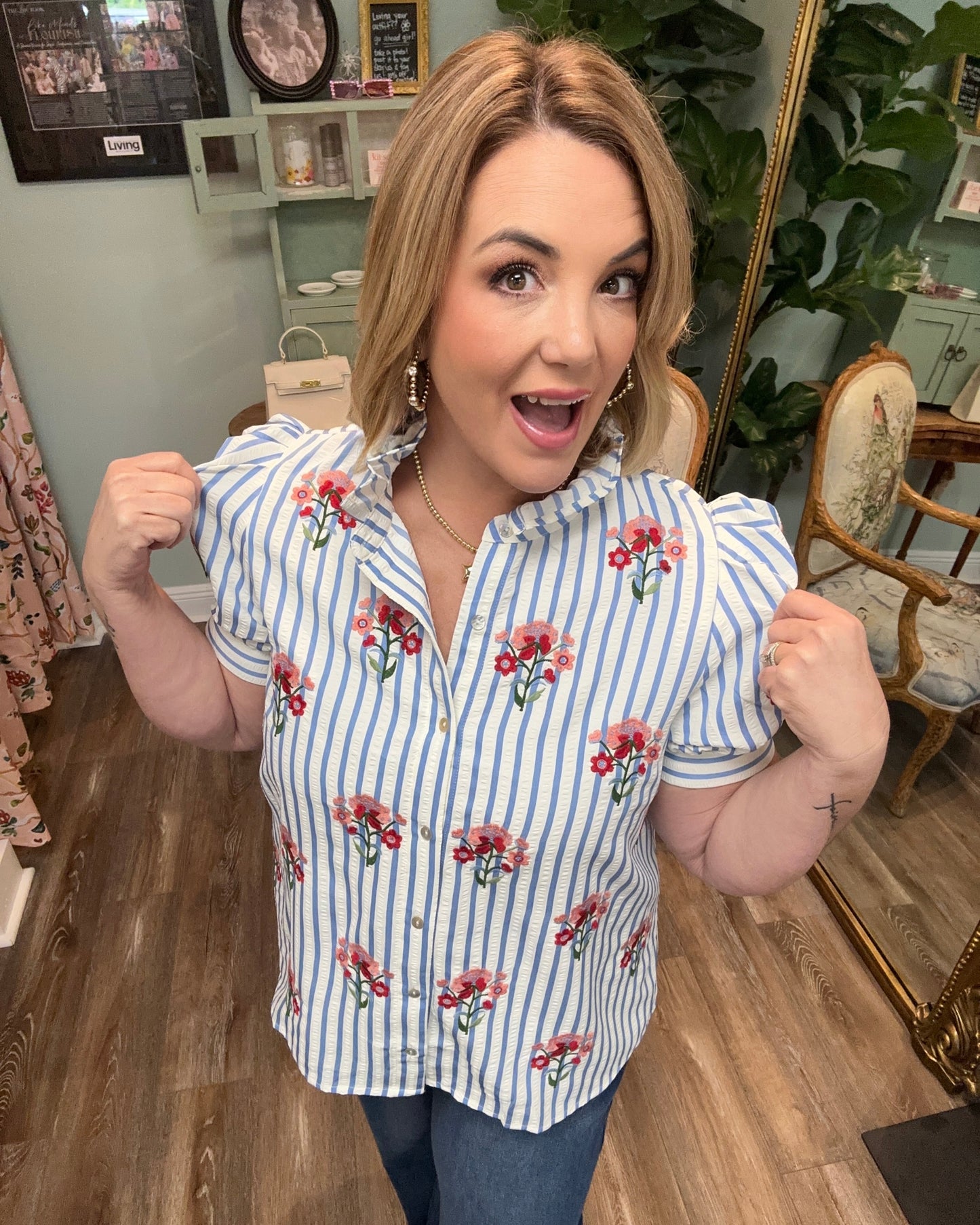 Striped Button Down Top with Embroidery