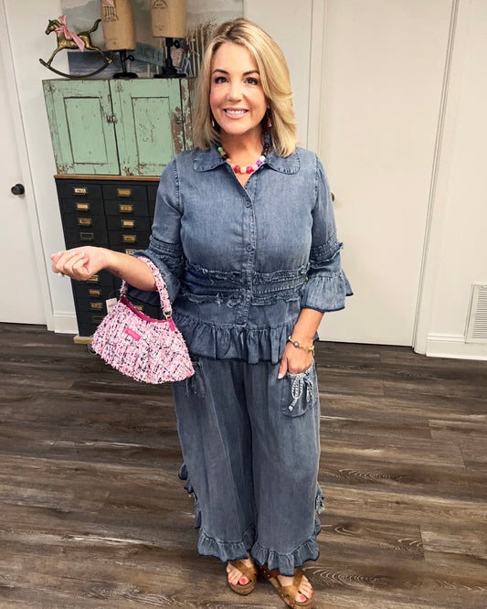 Chambray Shacket with Ruffles