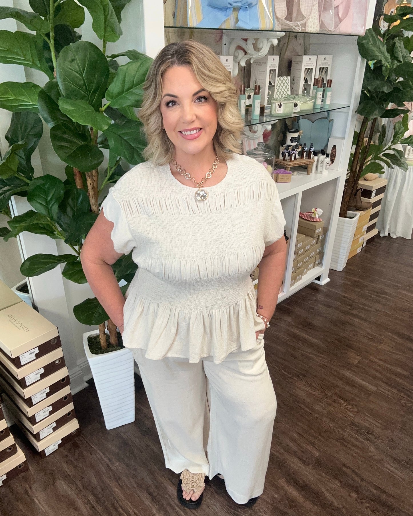 Linen Blend Scallop Hem Pant - Oatmeal