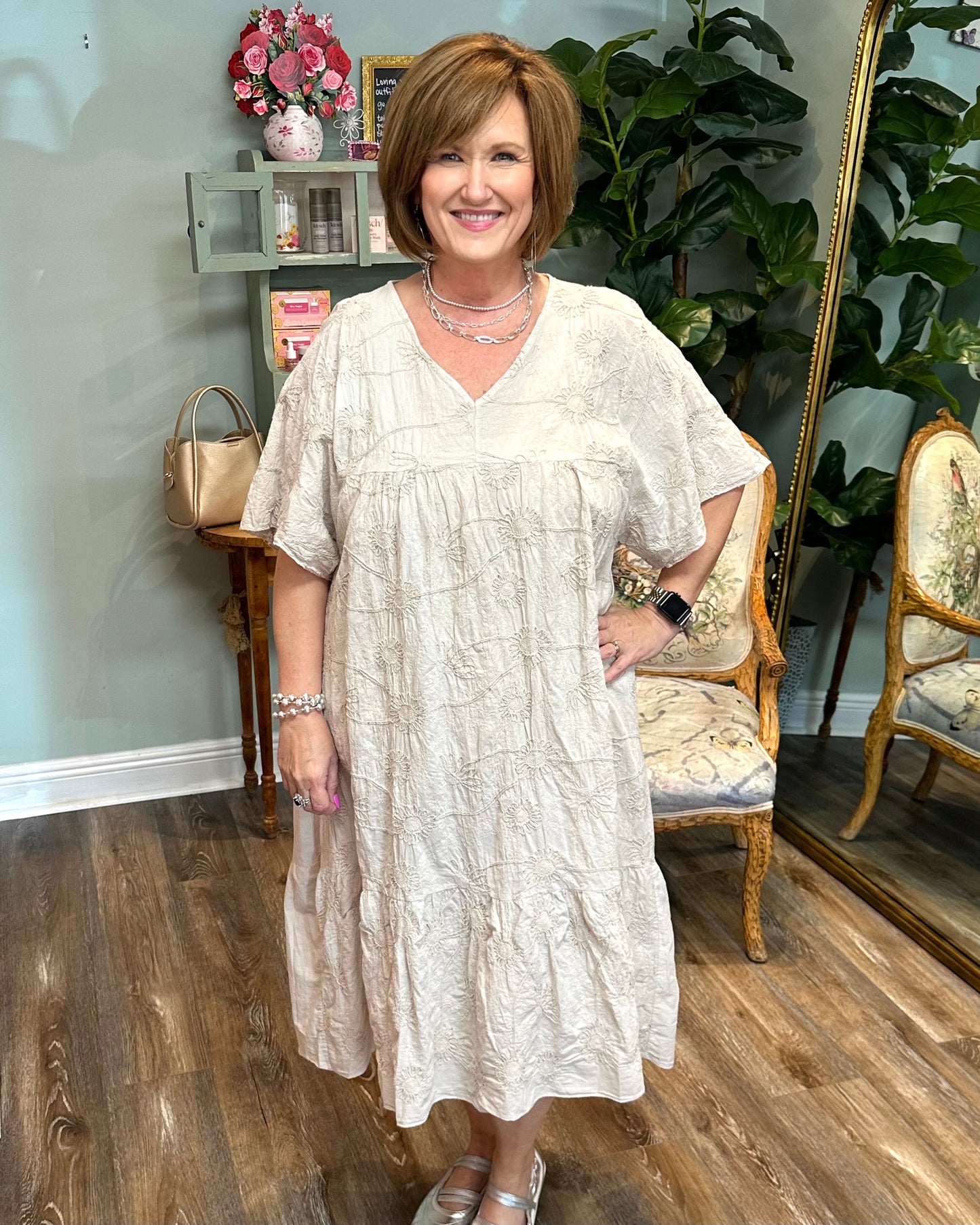 Flowy Embroidered Floral Shimmer Dress