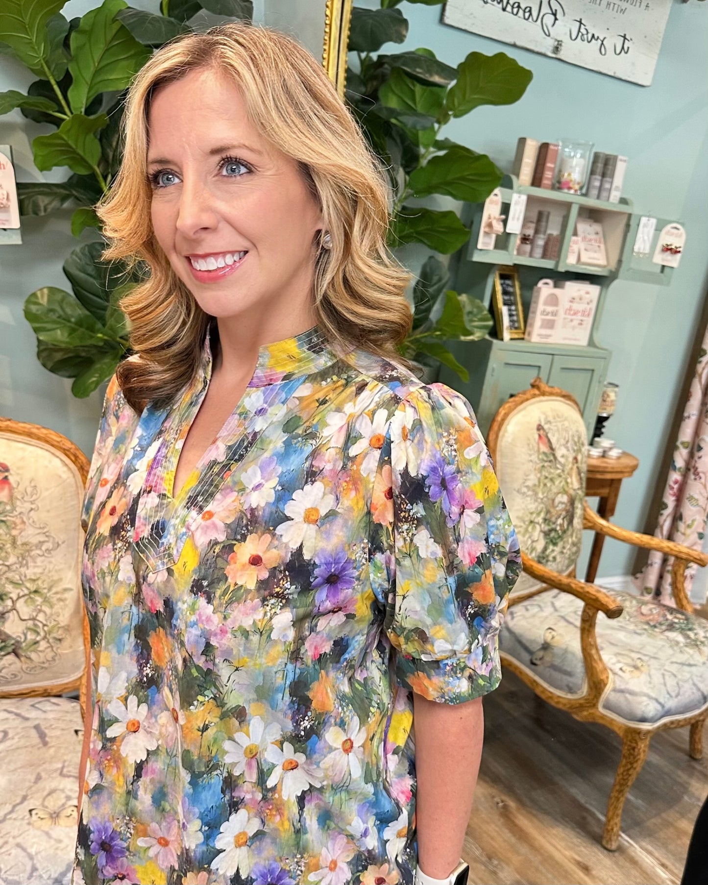 V-Neck Olive Floral Blouse