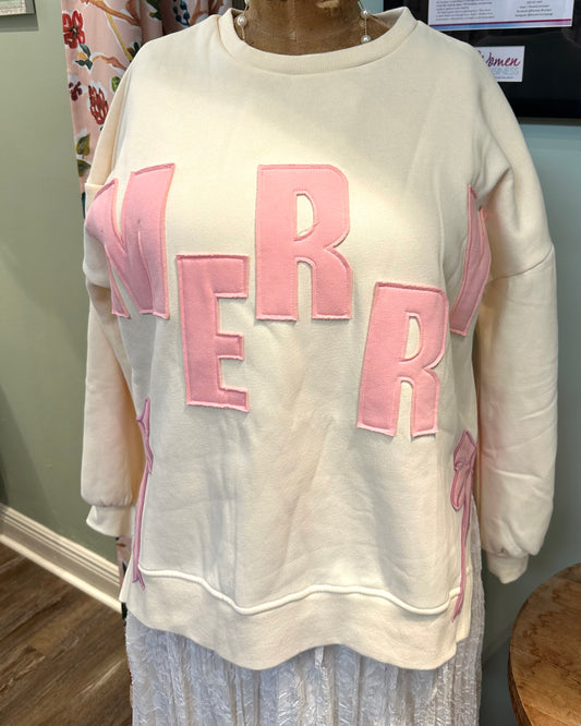 Ivory "MERRY" Sweatshirt with Bow Patch