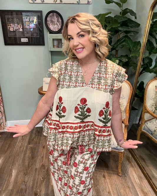 Cream and Red Multi Print Flutter Sleeve