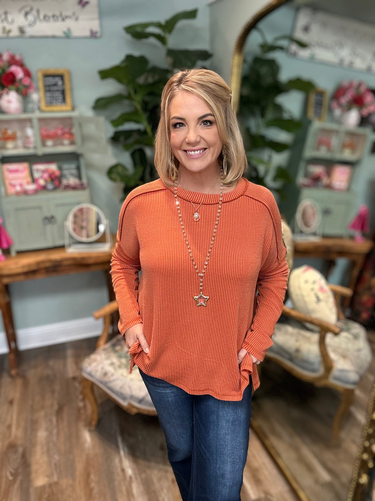 Ribbed Boat Neck Long Sleeve Top