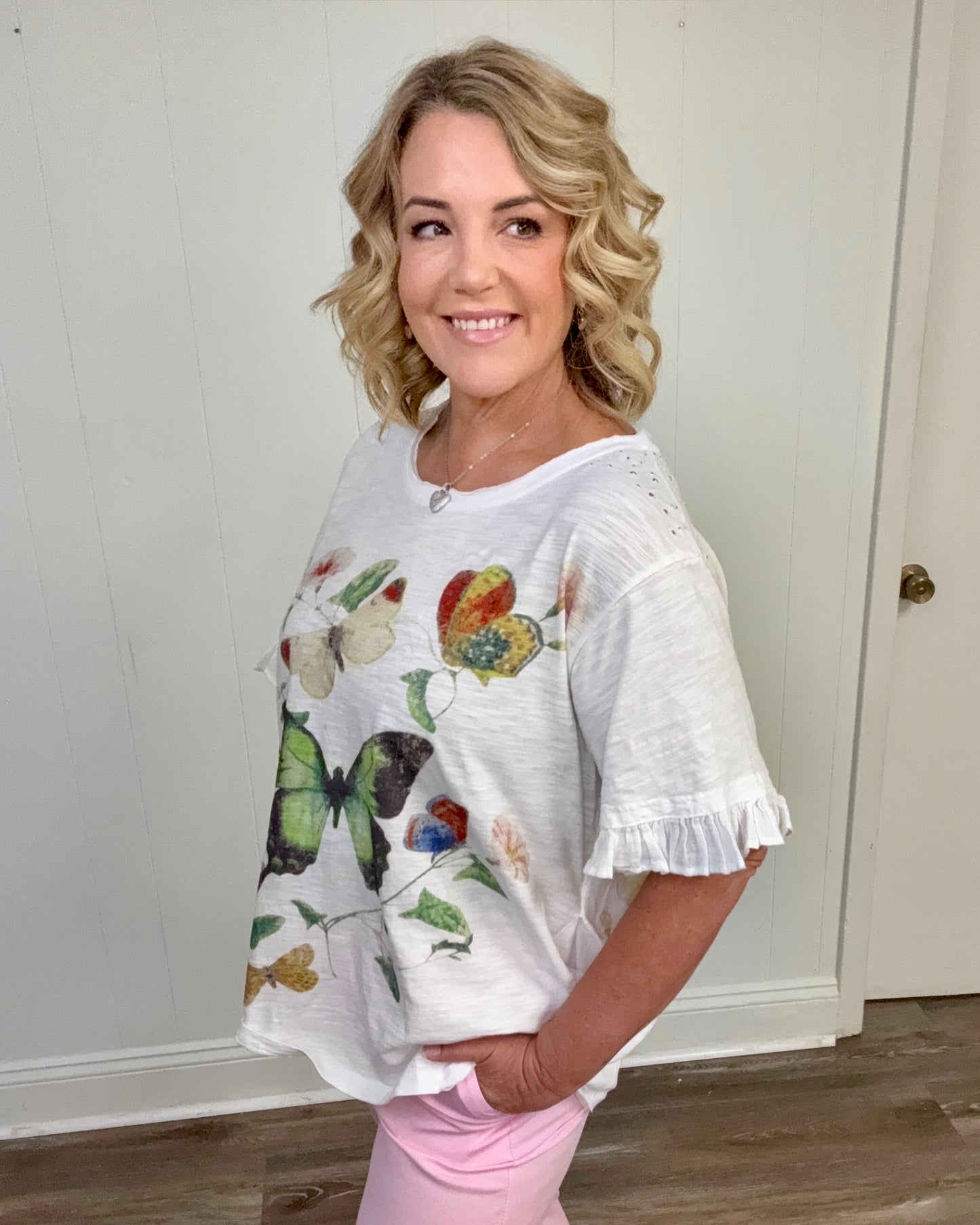 Butterfly Print Ruffle Sleeve Top