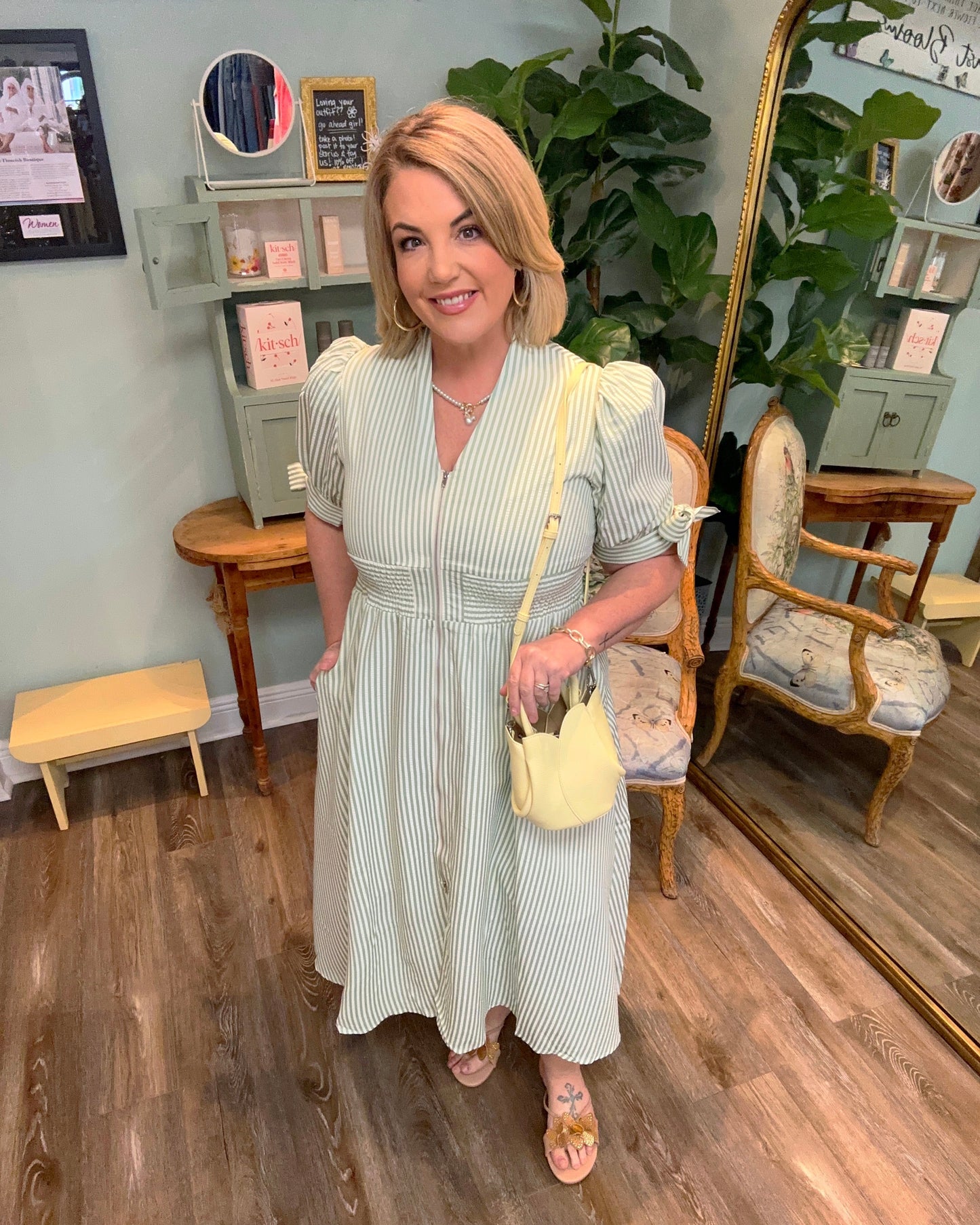 Sage and Cream Textured Stripe Dress
