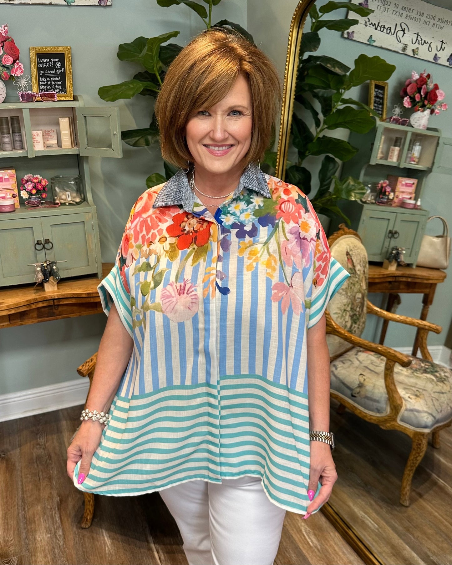 Stripe and Floral Button Up