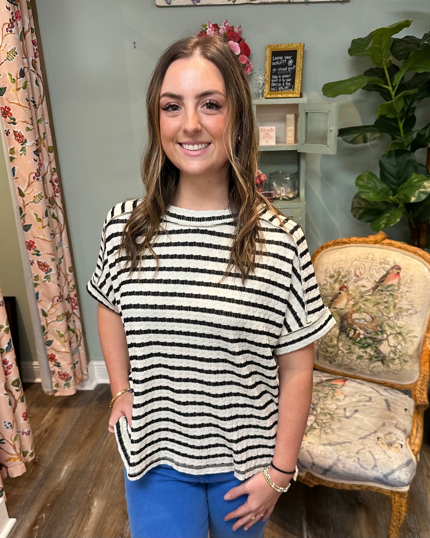 Textured Black and White Strip Top