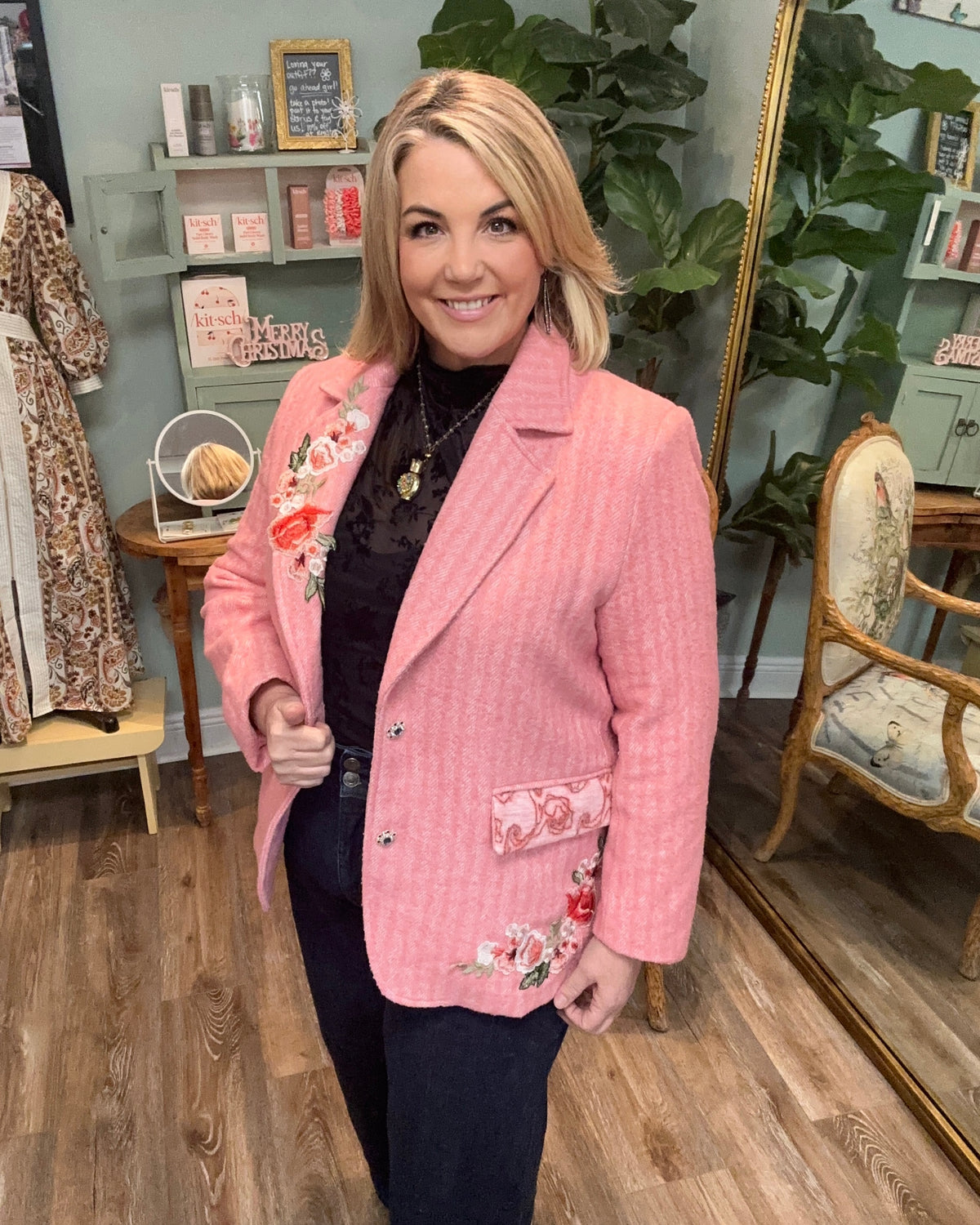 Pink Embroidered Detail Floral Jacket