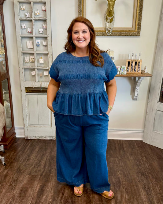 Chambray Scalloped Hem Pants