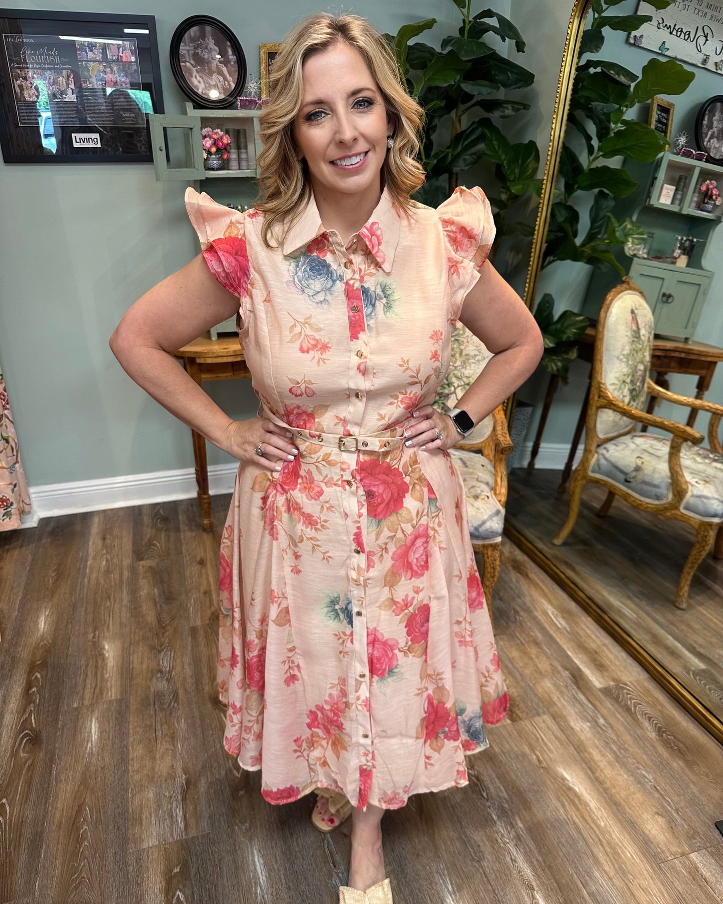 Lt Pink Ruffle Sleeve Floral Dress