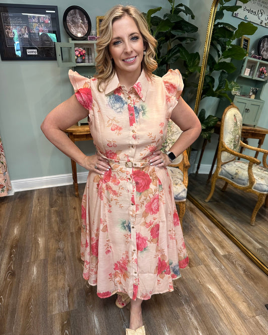 Lt Pink Ruffle Sleeve Floral Dress