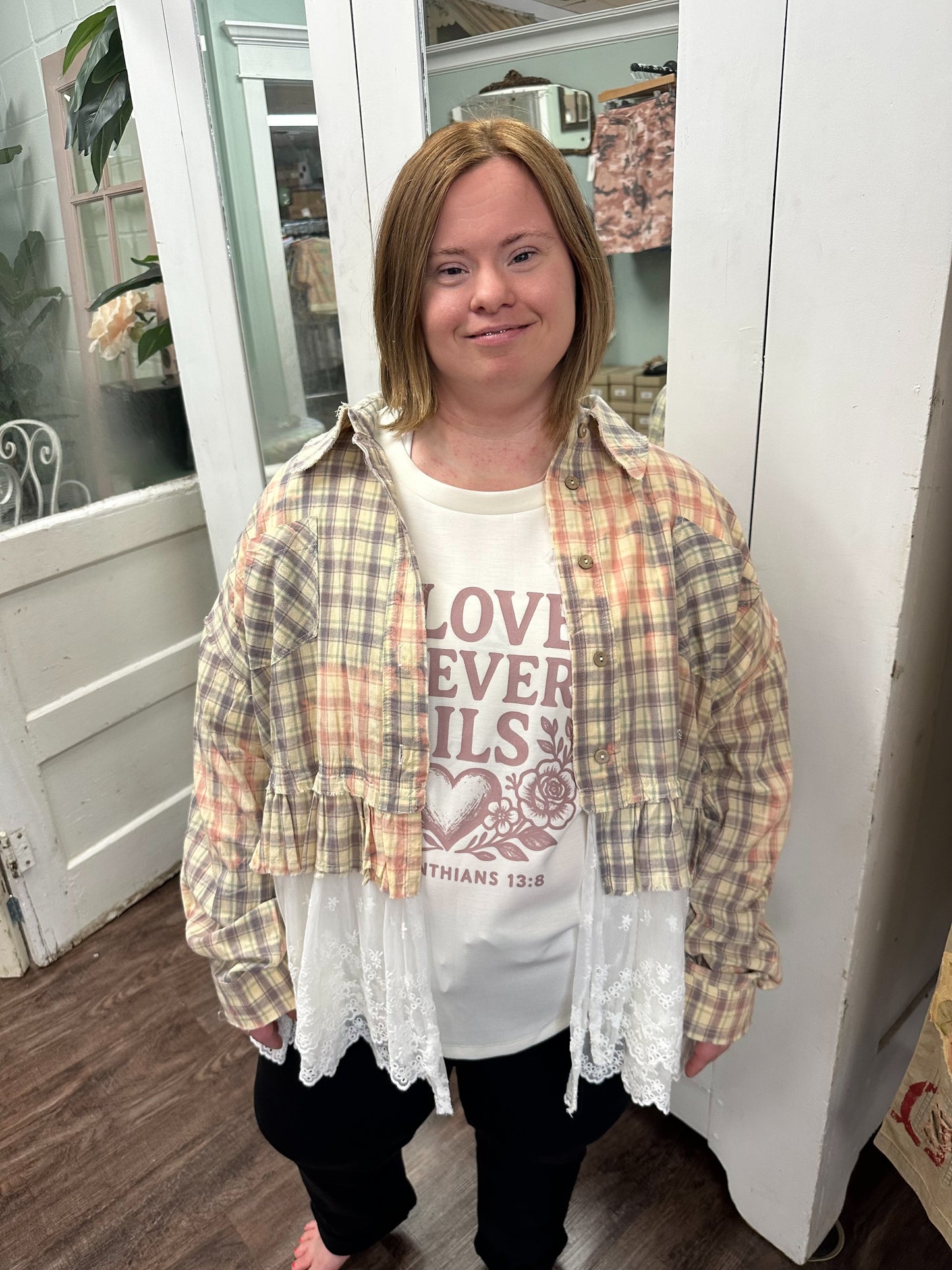 Coral Plaid and Lace Shacket