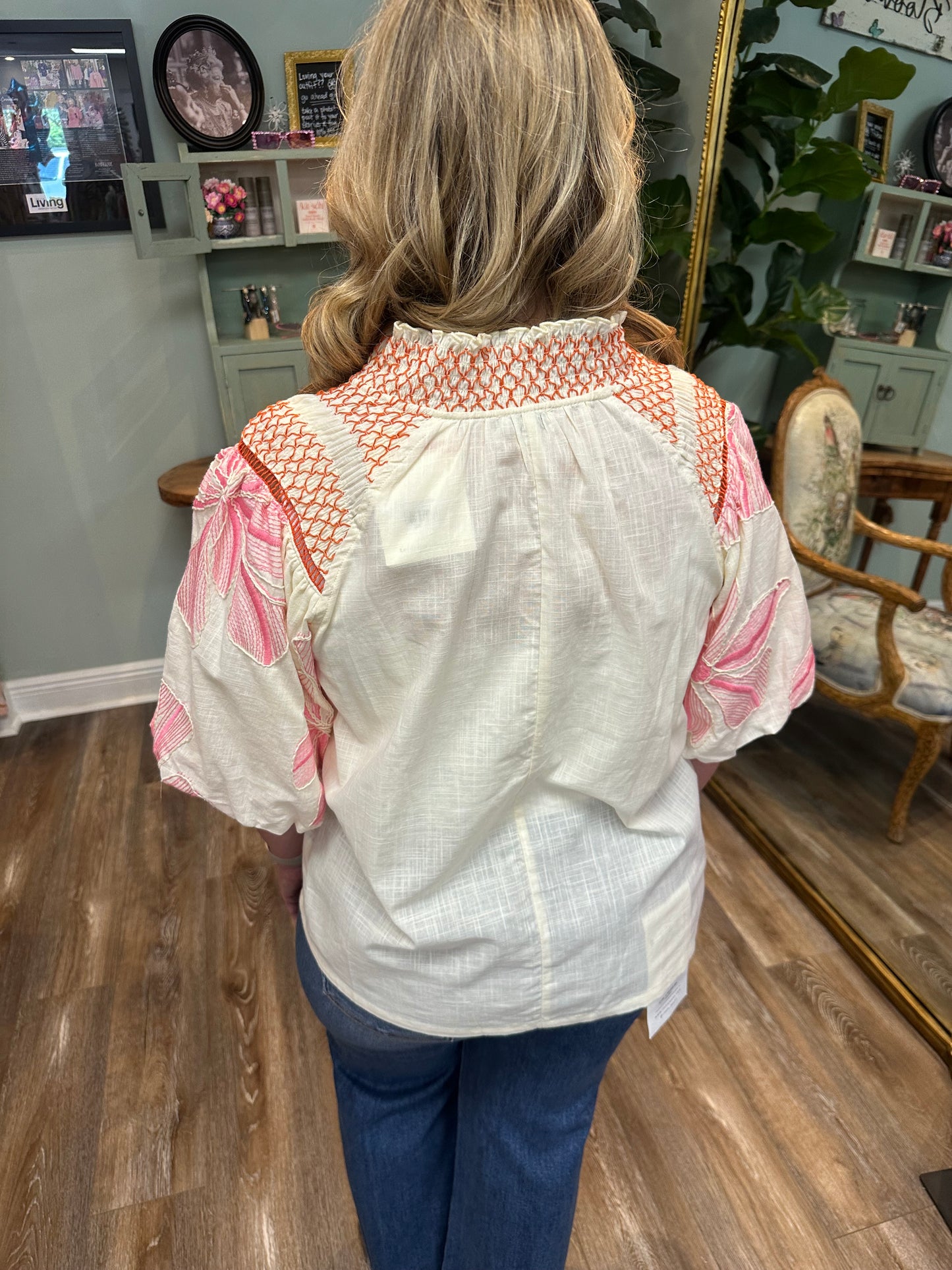 Cream Floral Embroidery Smoked Neck Top