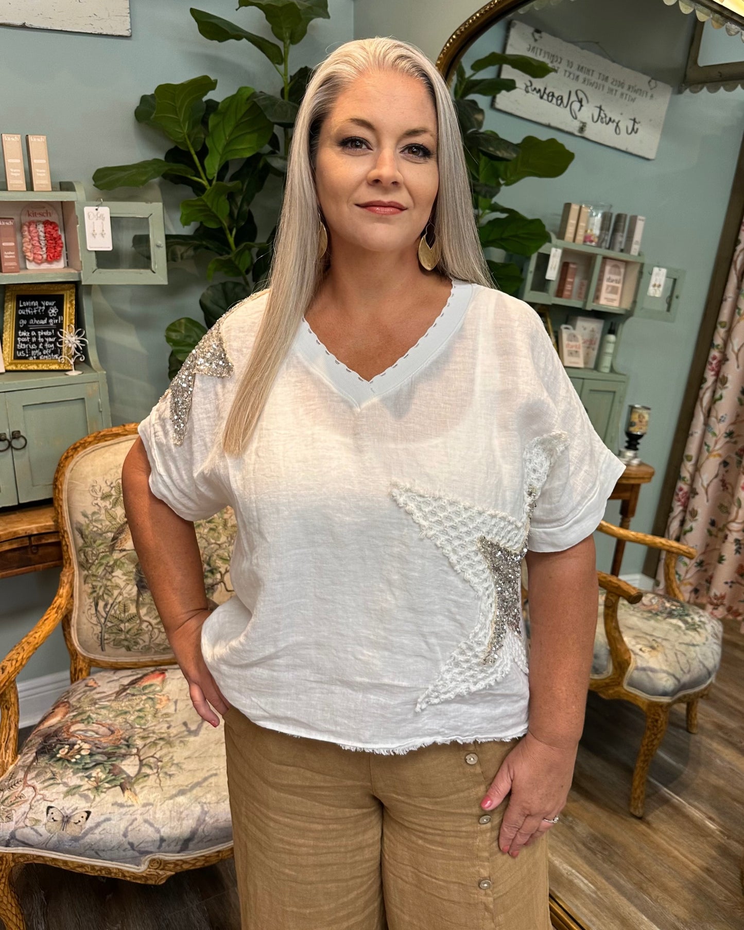 White Linen Top with Sequin Star