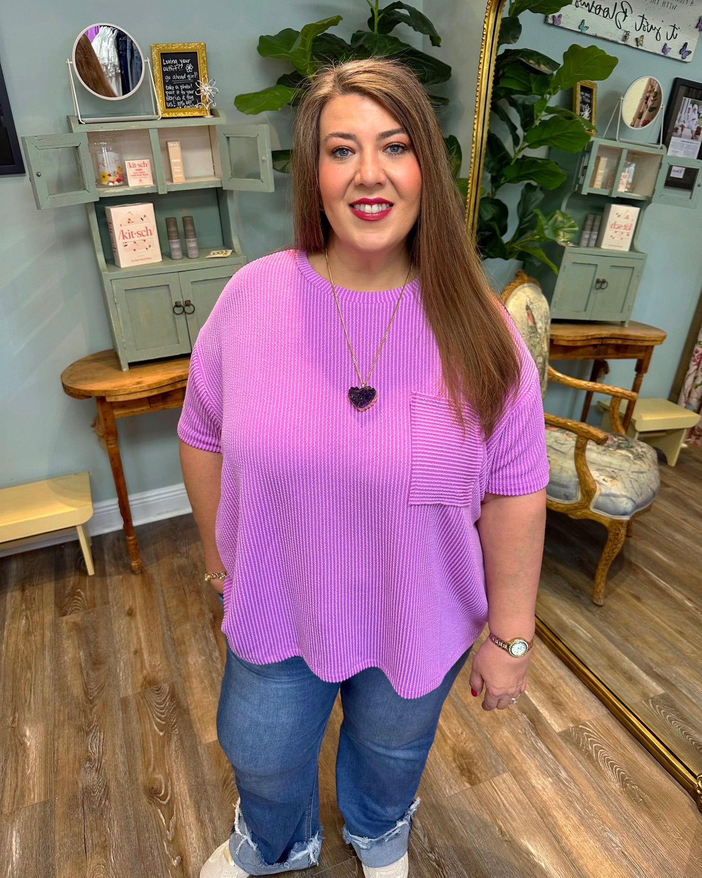 Plus Ribbed Short Sleeve Pocket Top