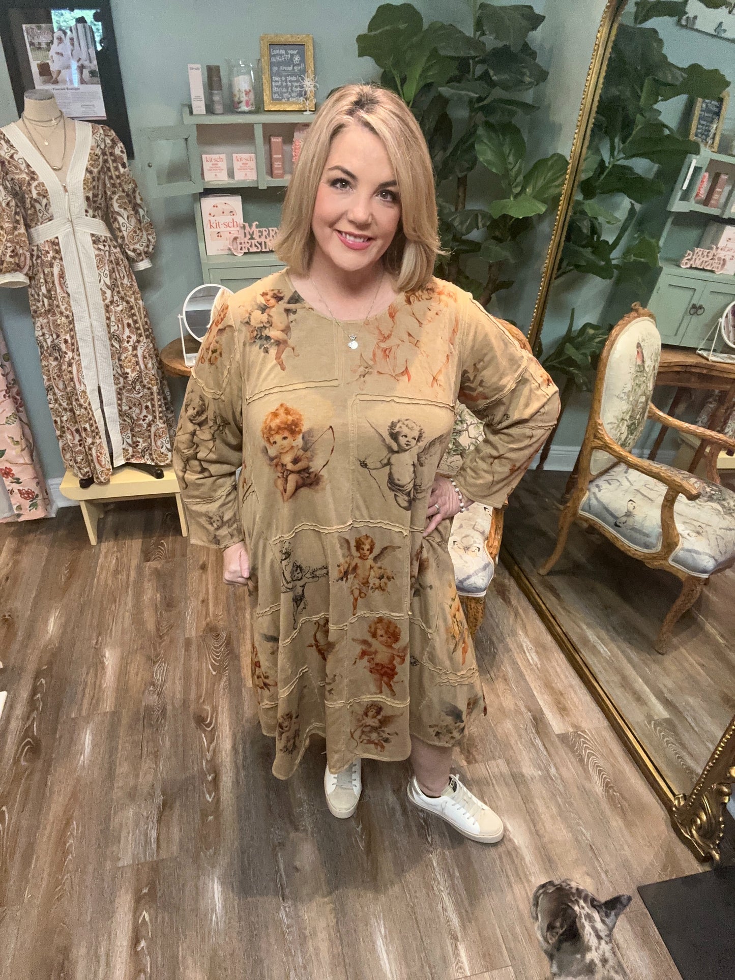 Angel Print Patchwork Dress - Natural Tea