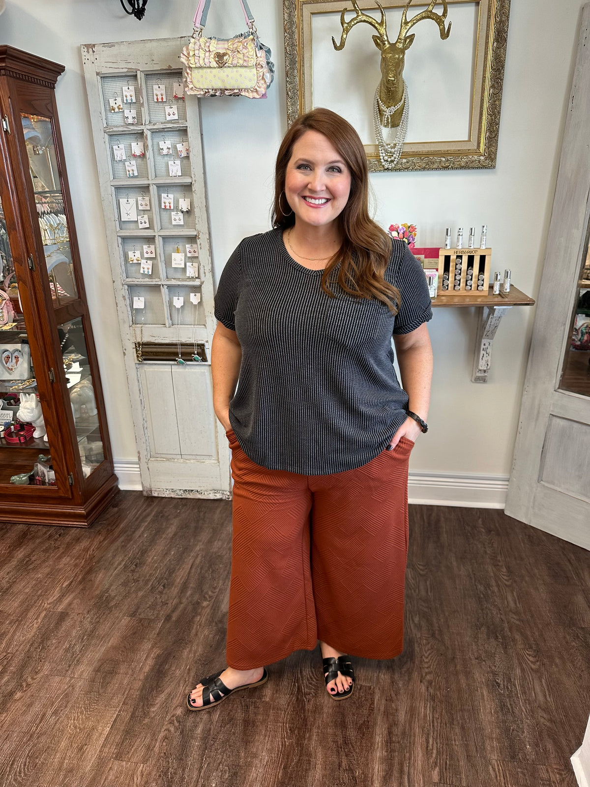 Rust Textured Wide Leg Pant