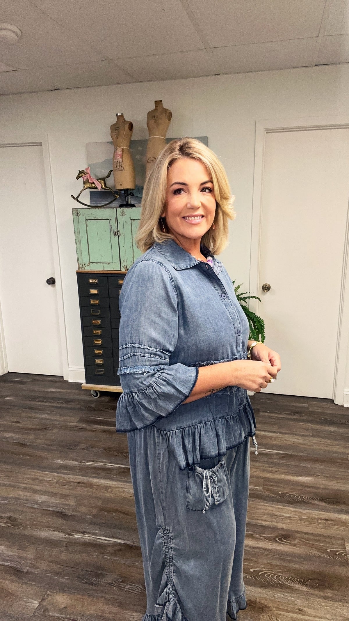 Chambray Shacket with Ruffles