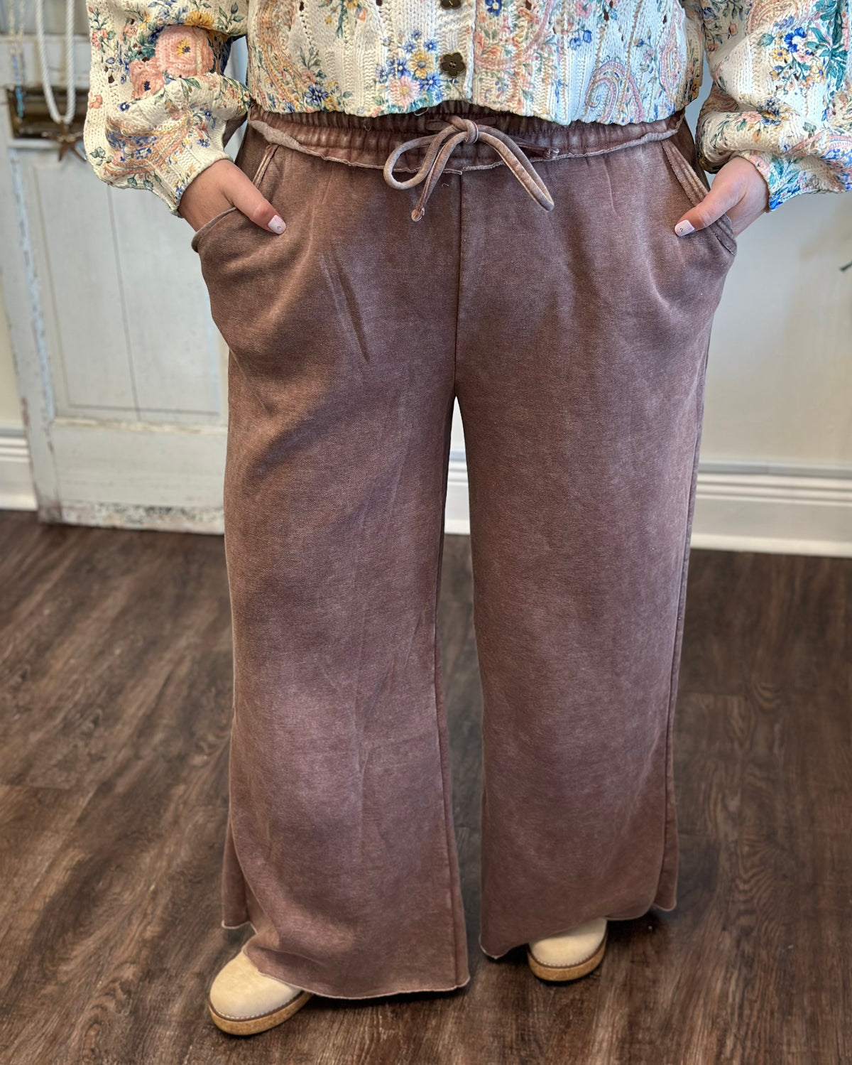 Brown Washed Fleece Palazzo Pant