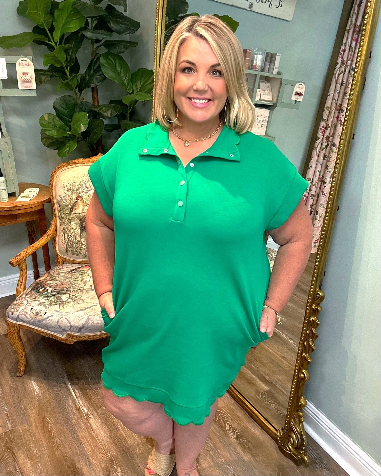 Kelly Green Shirt Dress with Scalloped Bottom