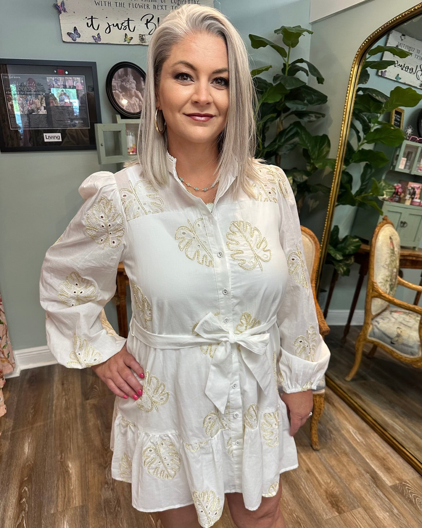 Gold Palm Leaf Print Dress
