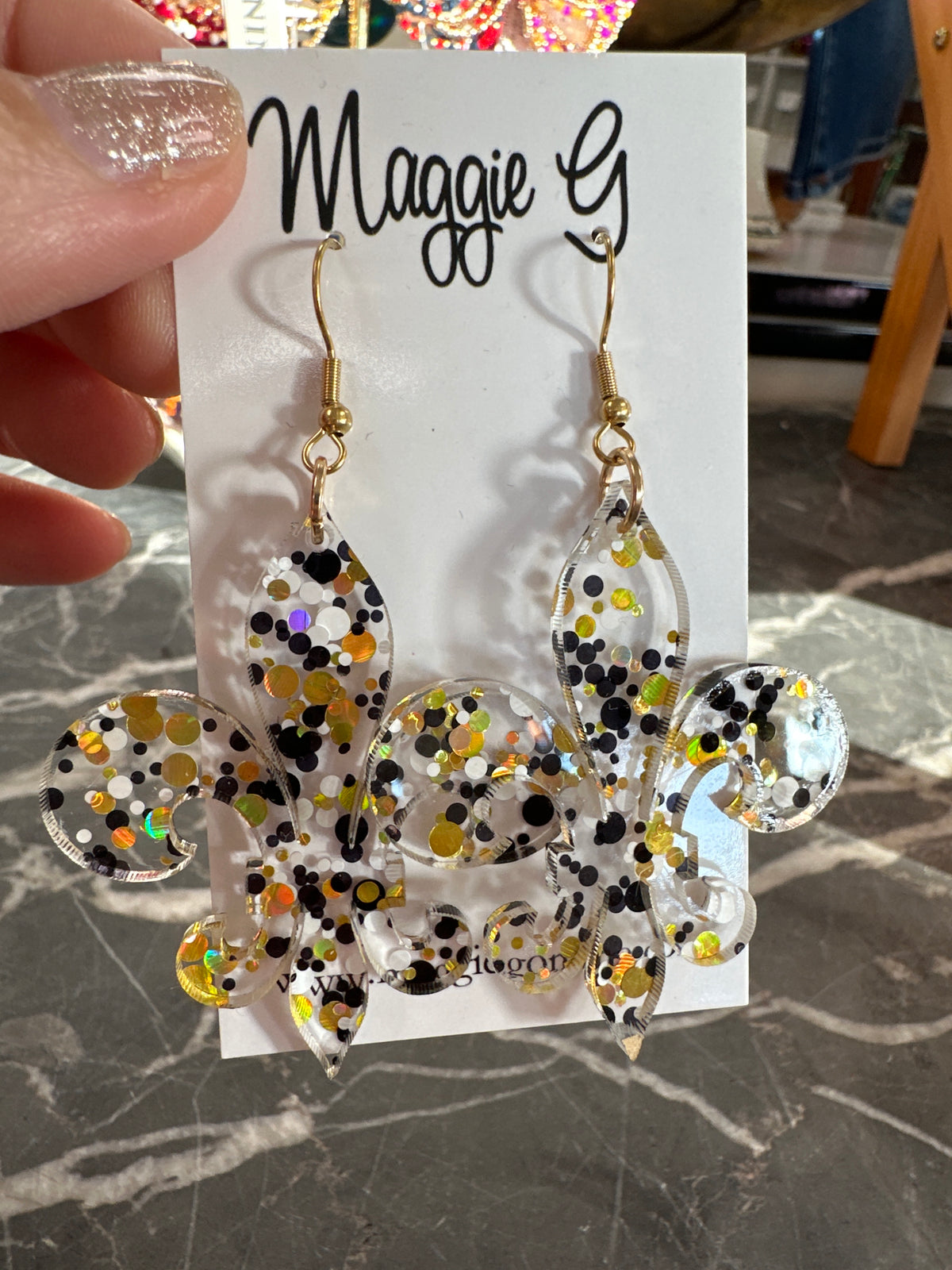 Black & Gold Glitter Fleur de Lis Earrings