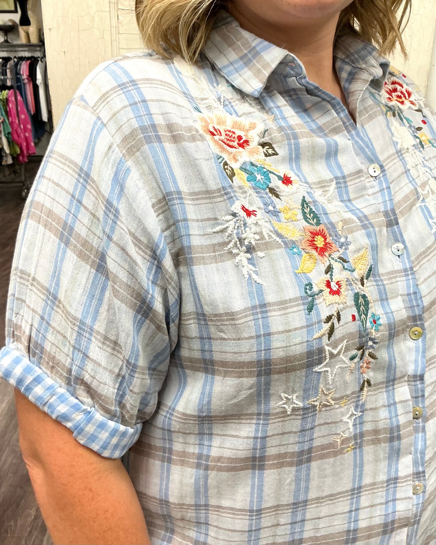 Blue Plaid Embroidered Top