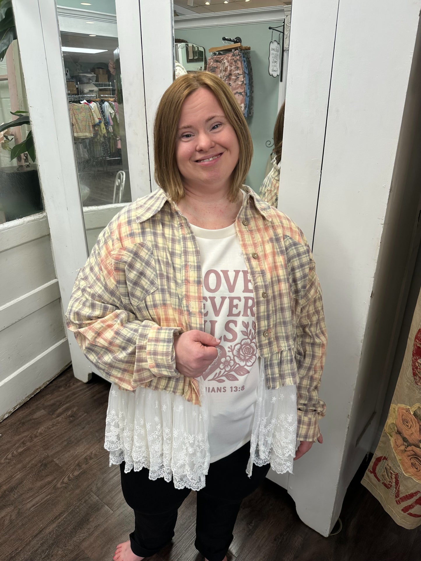 Coral Plaid and Lace Shacket