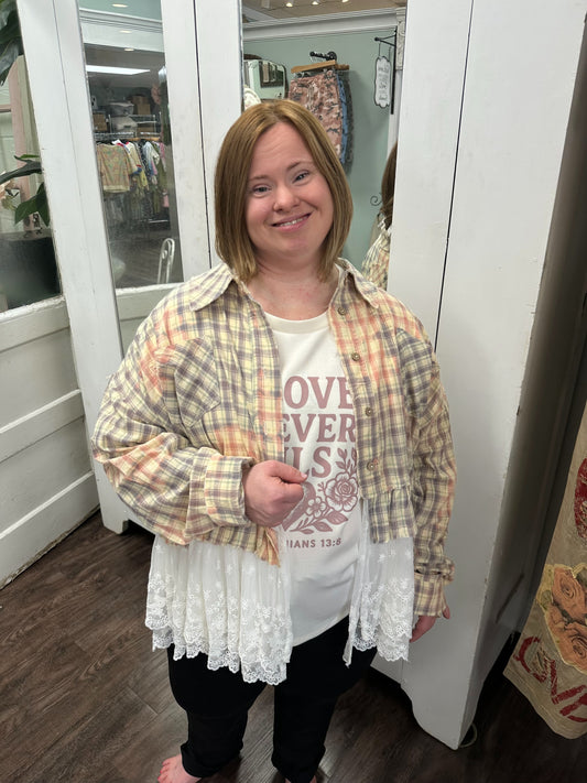 Coral Plaid and Lace Shacket