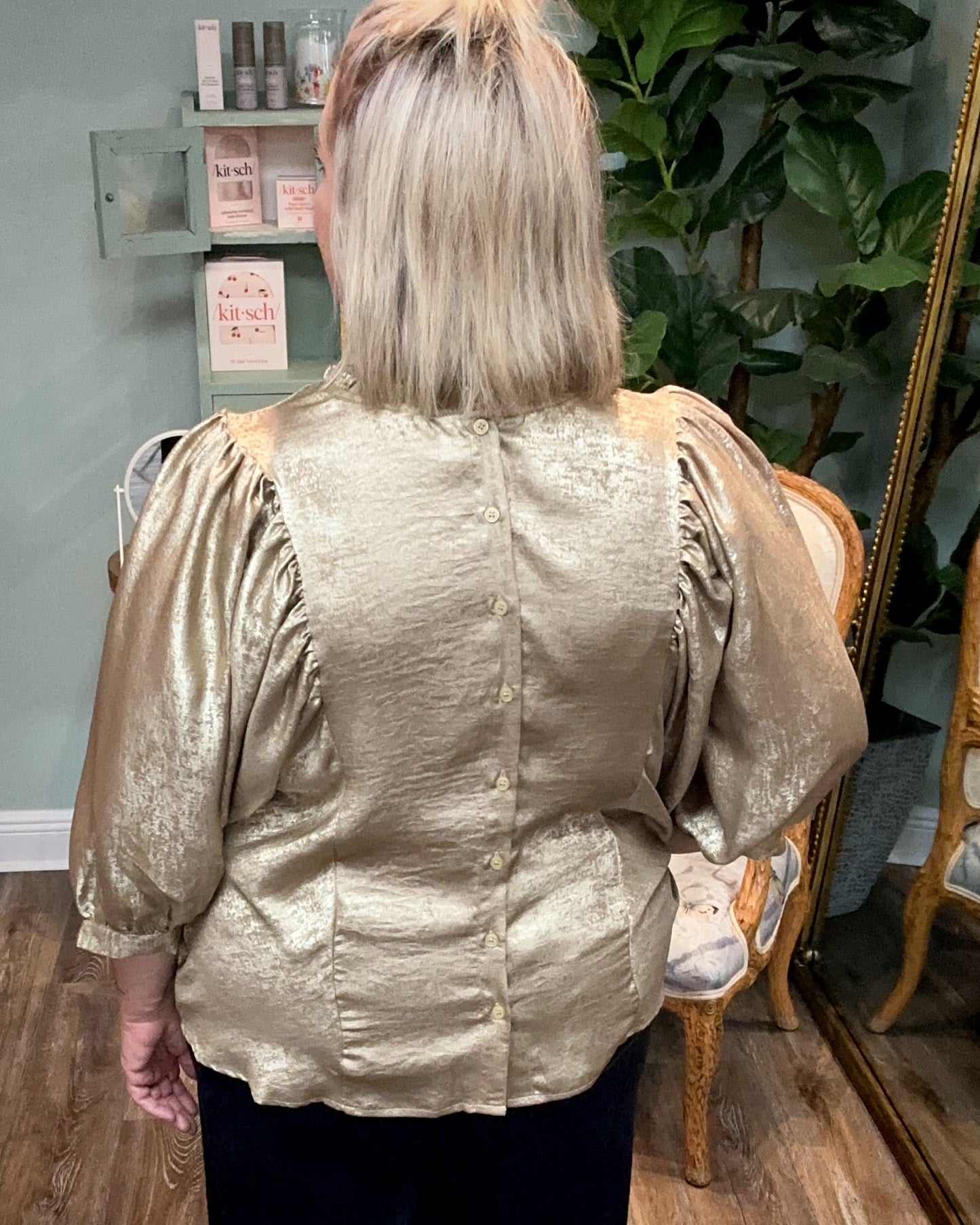 Gold Shimmer Button Front Blouse