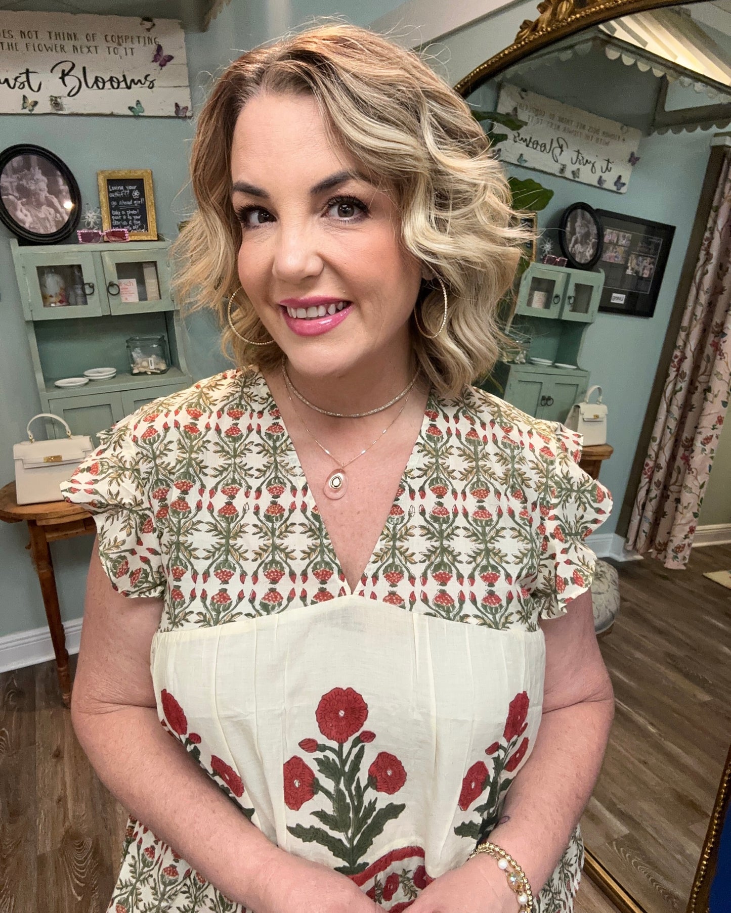 Cream and Red Multi Print Flutter Sleeve