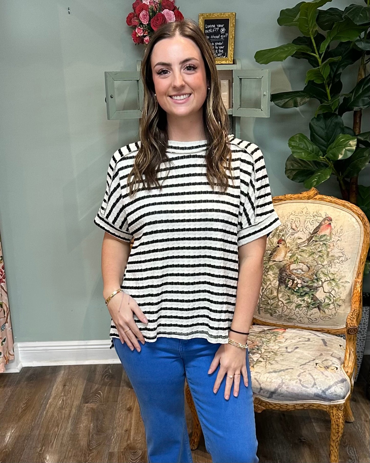 Textured Black and White Strip Top