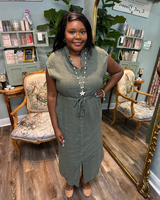 Cinched Waist Linen Dress with Pockets