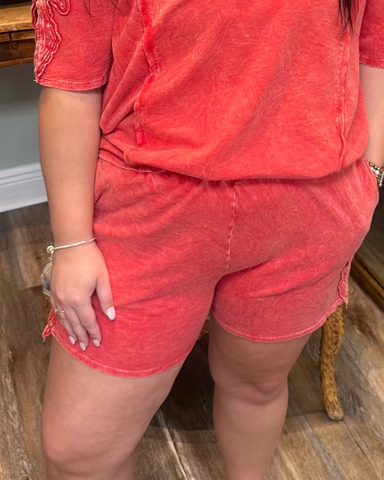 Red Mineral Washed Shorts with Bow Trim