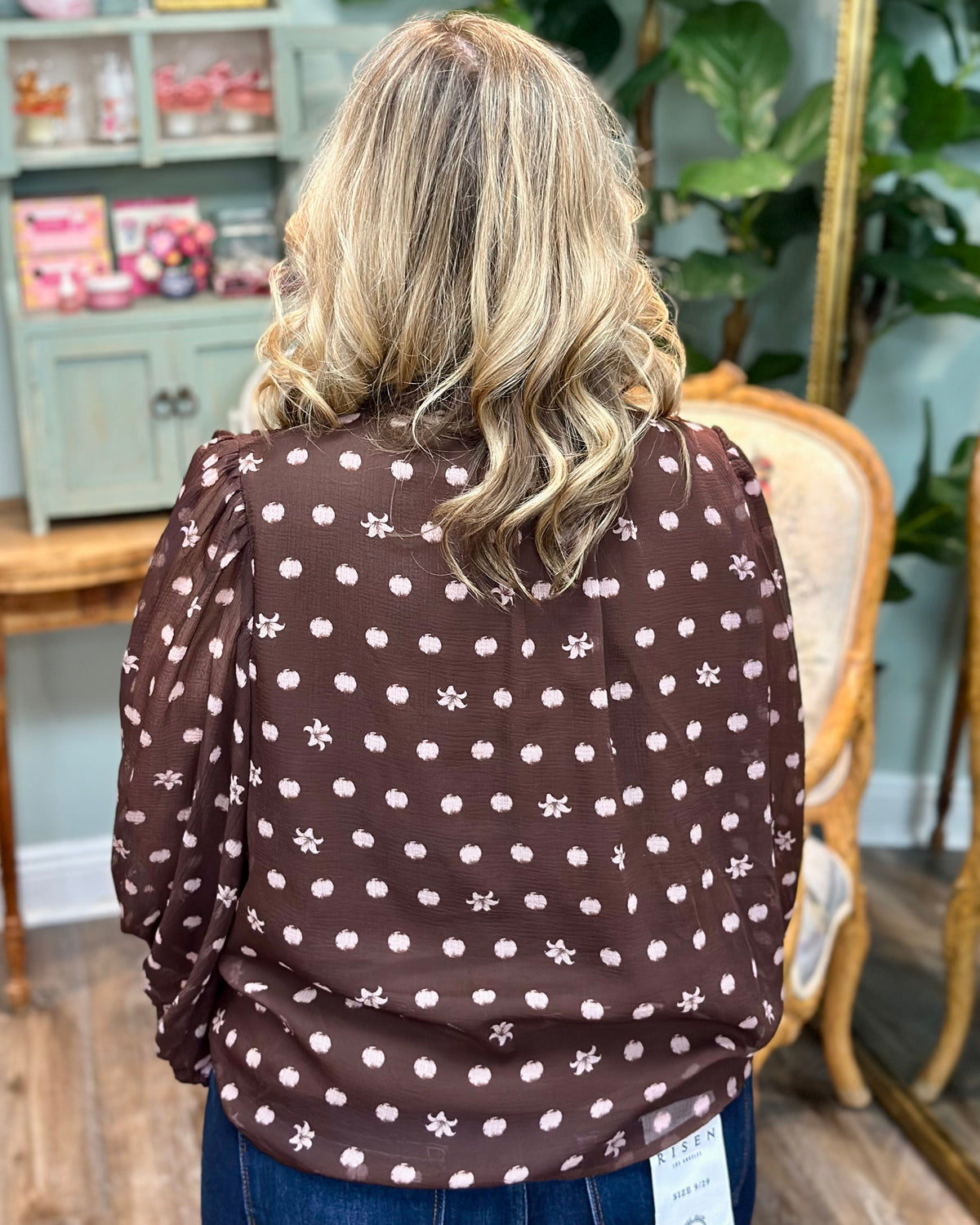 Brown & Pink Balloon Sleeve Blouse