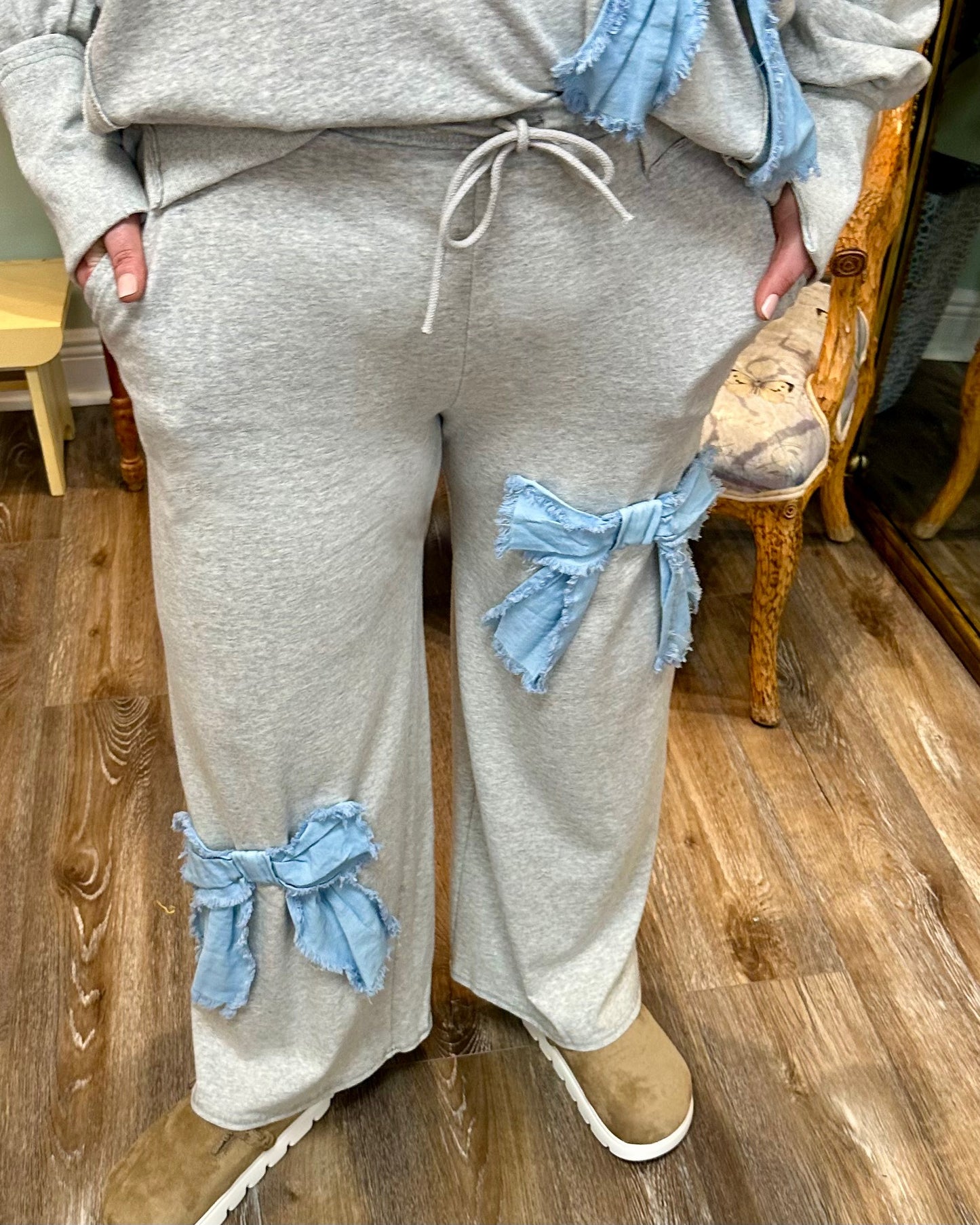 Frayed Washed Denim Bow Terry Knit Pant