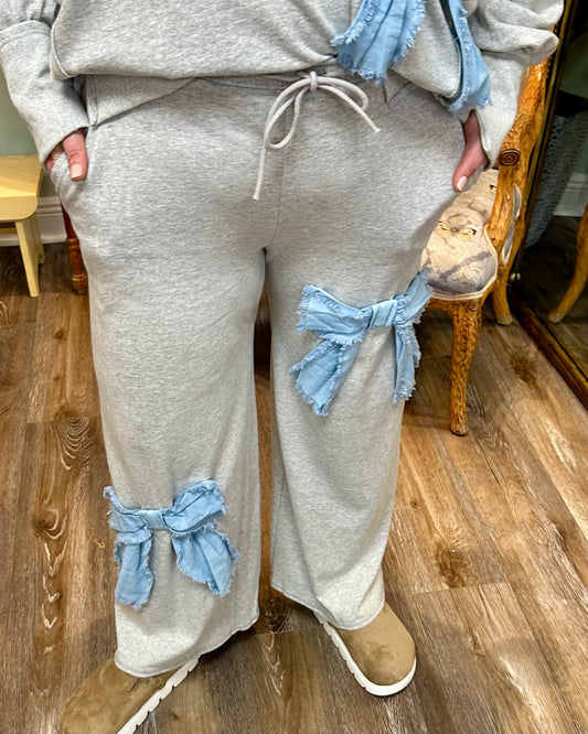 Frayed Washed Denim Bow Terry Knit Pant