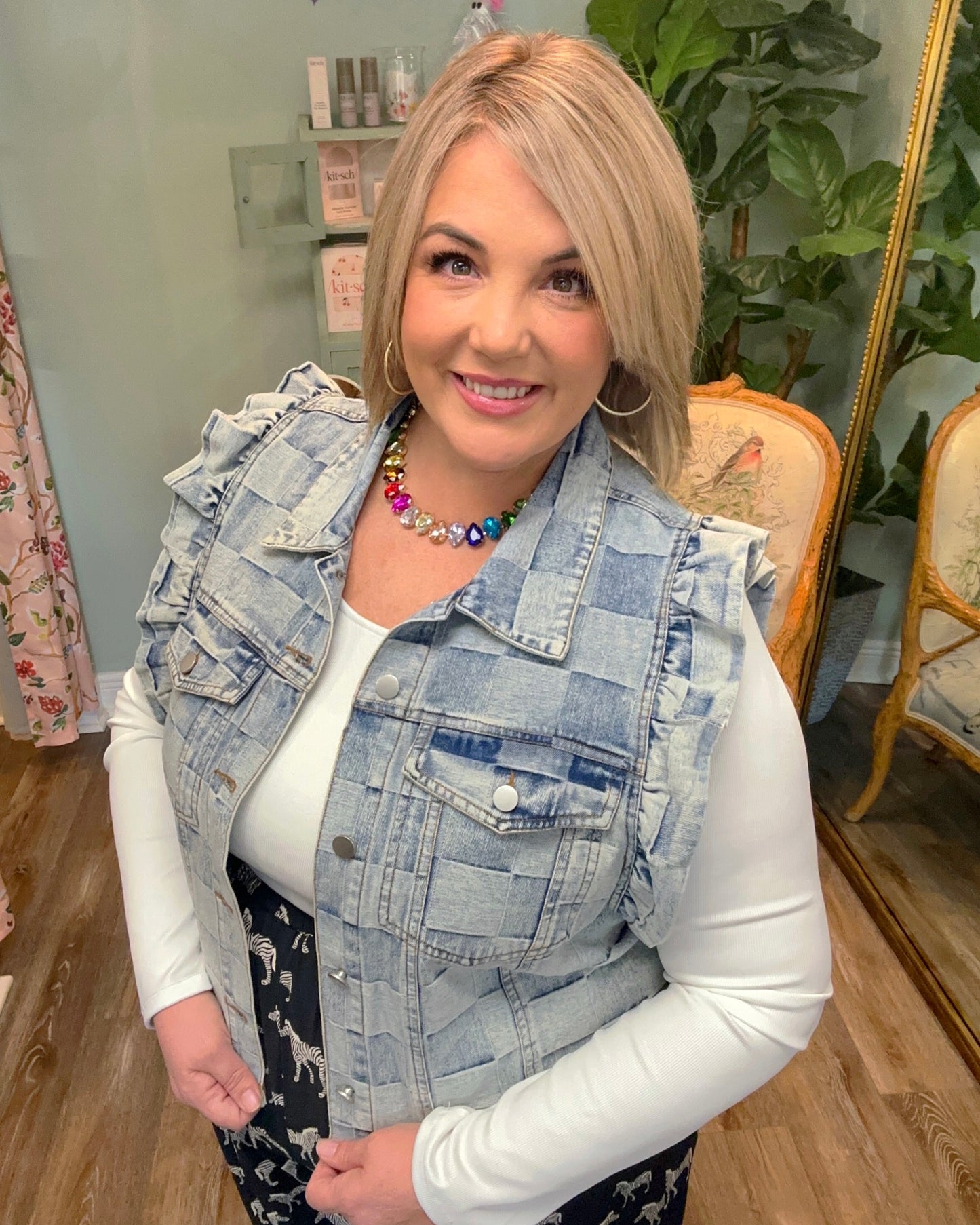 Vintage Washed Gingham Denim Vest