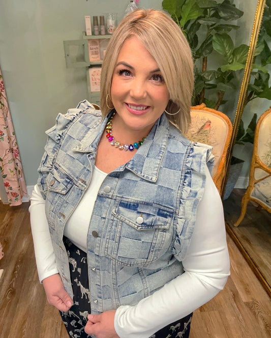 Vintage Washed Gingham Denim Vest