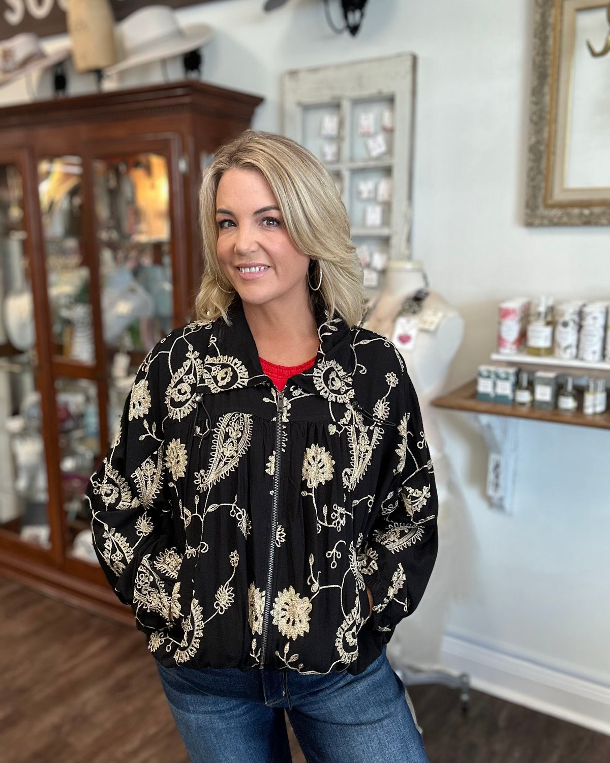 Black Raglan Jacket with Gold Embroidery